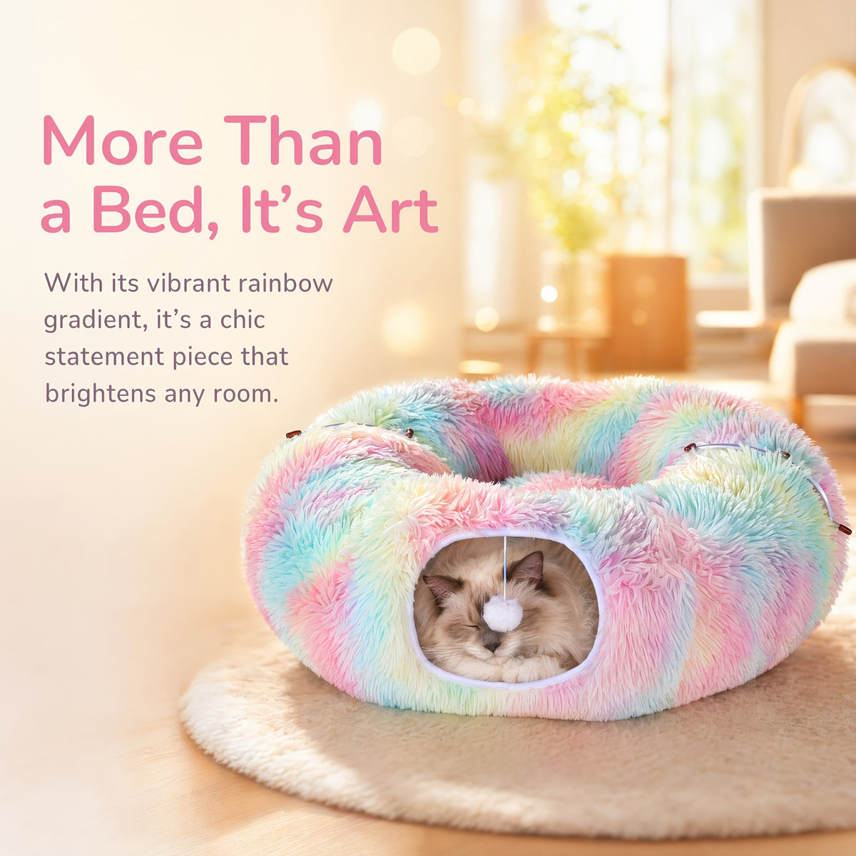 Plush Cat Tunnel Bed for Indoor Cats, 2-in-1 Foldable Donut Hideaway with Removable Washable Mat and Hanging Toy Ball, Four Color Options