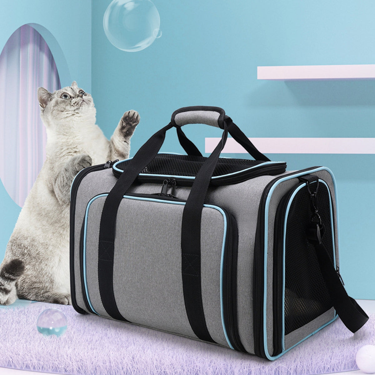 Expandable Pet Carrier Bag with Two Mesh Windows, Soft-Sided Travel Tote with Removable Washable Pad, Shoulder Strap and Top Entry for Small Dogs and Cats