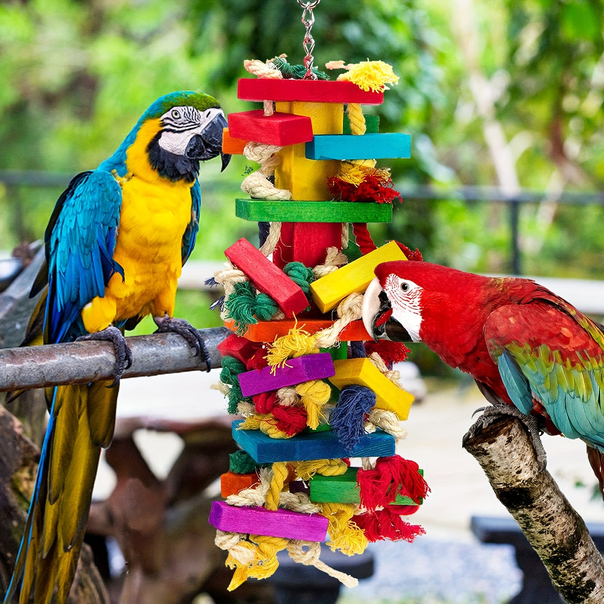 Parrot Chew Toy with Colorful Wooden Blocks and Hanging Chain, Extra Large Bird Cage Activity Toy for Macaws and African Grey Parrots