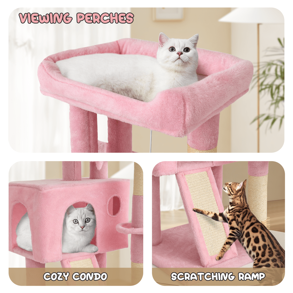 Compact Cat Tree 36 Inch with Hammock and Condo, Plush Indoor Cat Tower with Sisal Scratching Post, Scratching Board and Hanging Ball, Two Gray Colors