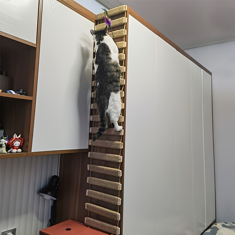 Cat Rope Ladder Bridge for Indoor Climbing, Wooden Rung Pet Walkway with Rope-Wrapped or Bare Wood Styles, 13.78 to 39.37 Inch Options