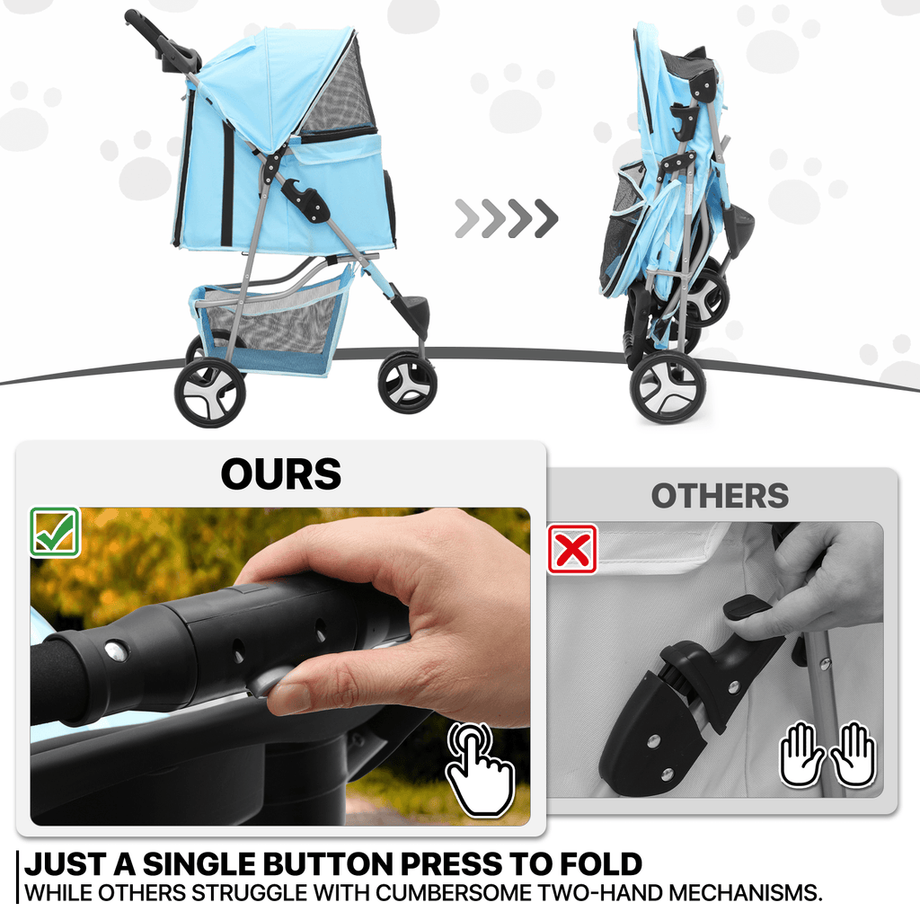 Three-Wheel Dog Stroller with Weather Cover, Foldable Mesh Pet Pushchair for Small Dogs and Cats, Storage Basket, Cup Holder and 10 Style Options