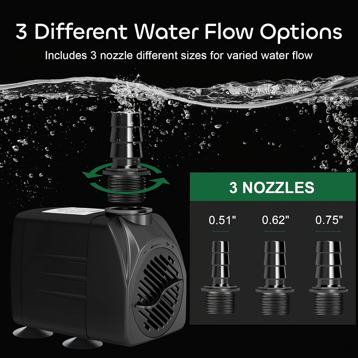Submersible Water Pump 30W with 3 Nozzle Adapters, Adjustable Flow Black Aquarium and Fountain Pump for Fish Tanks, Ponds and Hydroponic Setups