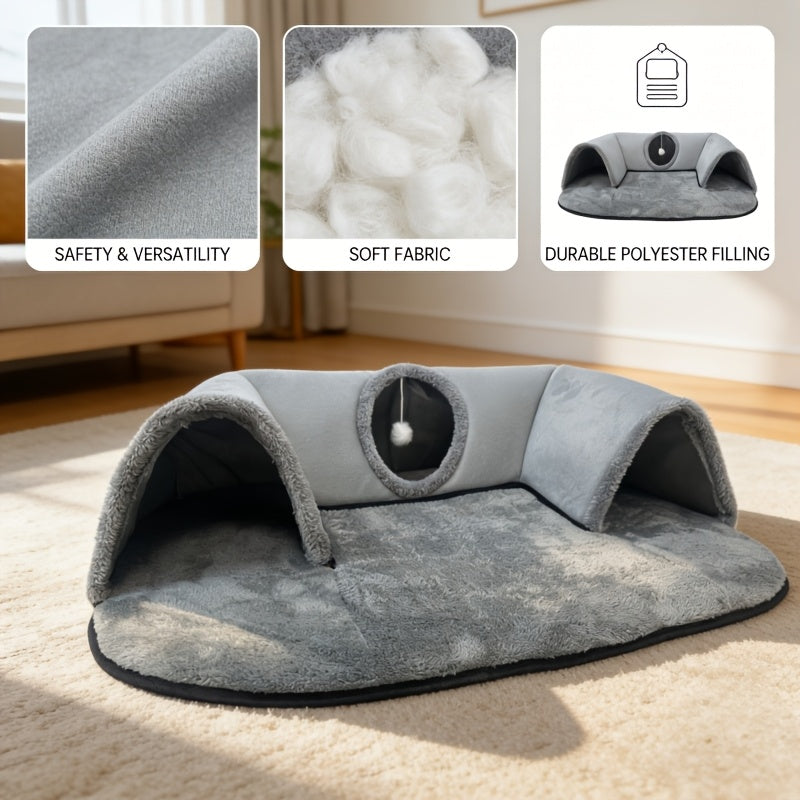Arch Cat Tunnel Bed with Peekaboo Window and Hanging Ball, Soft Plush 2-in-1 Indoor Kitten Hideaway and Lounge Mat in Small or Large