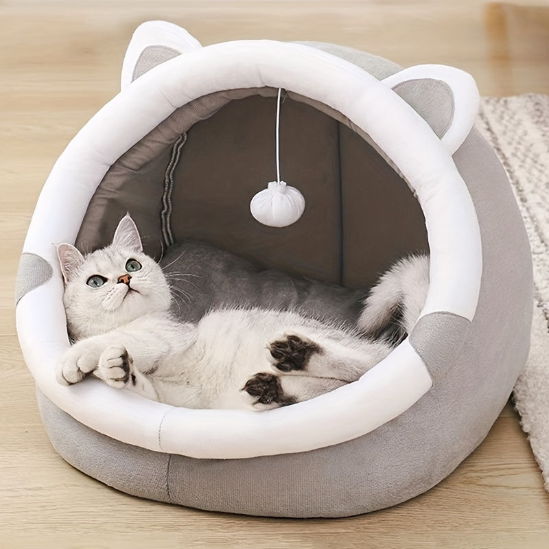 Hooded Cat Cave Bed with Hanging Pom-Pom Toy, Gray Cat-Ear Indoor Sleeping House in Medium Size for Kittens and Cats to Curl Up and Rest