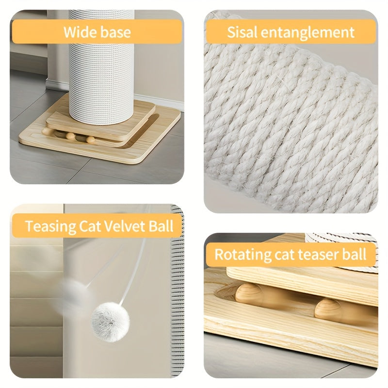 Cat Scratching Post 30 Inch with 6.3-Inch Sisal Column, Wooden Ball Track Base and Hanging Plush Toys for Indoor Cat Scratching and Play