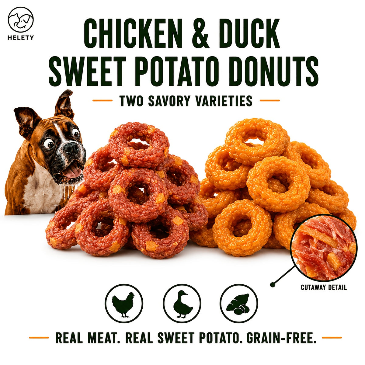 Dog Snack Variety Selection with Chicken Liver, Duck Jerky, Beef Cubes and Sweet Potato Donut Options for Supervised Training Rewards