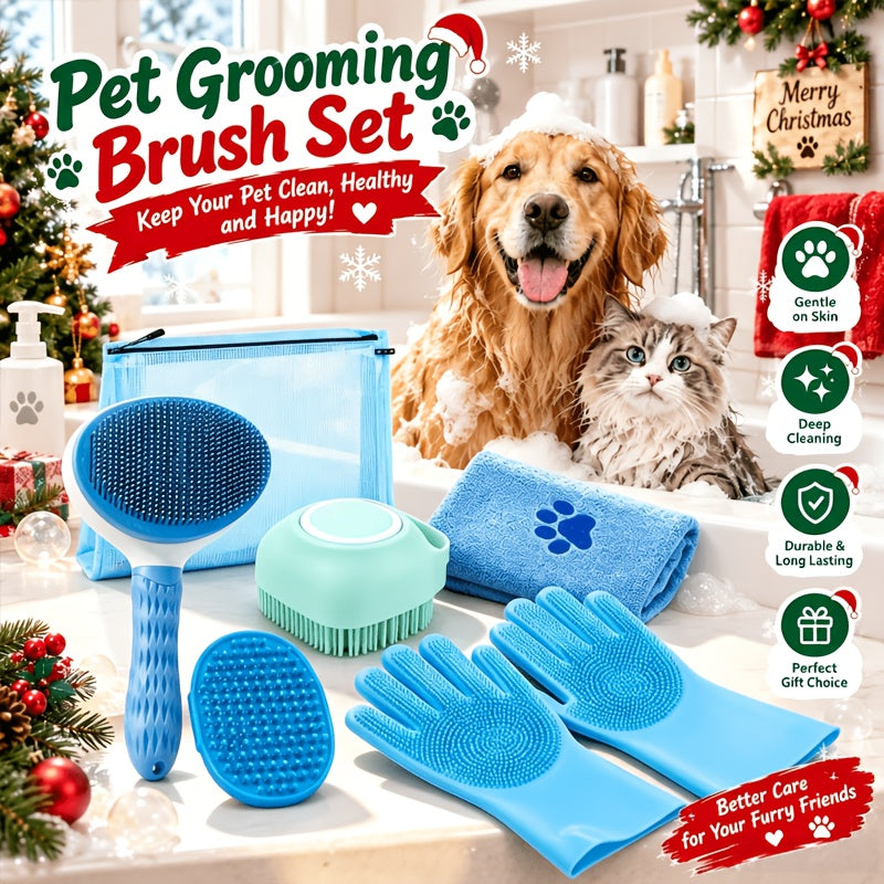 Dog Grooming Kit 6 Piece, Manual Pet Care Set with Brush, Microfiber Towel, Washing Gloves and Shedding Tool for At-Home Bath and Coat Care