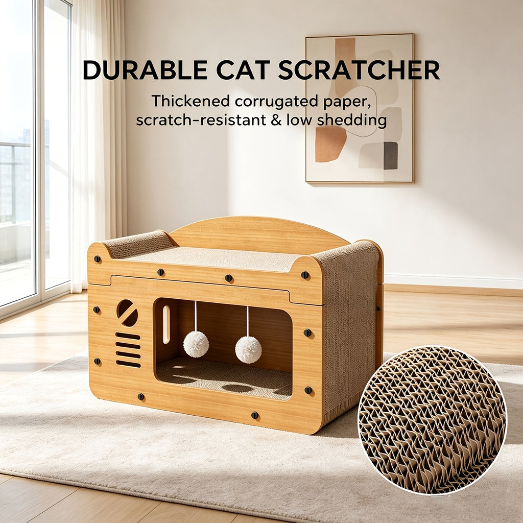 Cat Scratcher House with Dual Openings, Brown Corrugated Cardboard Cat-Face Hideout Bed and Hanging Toy Balls for Indoor Cats to Scratch, Rest and Play