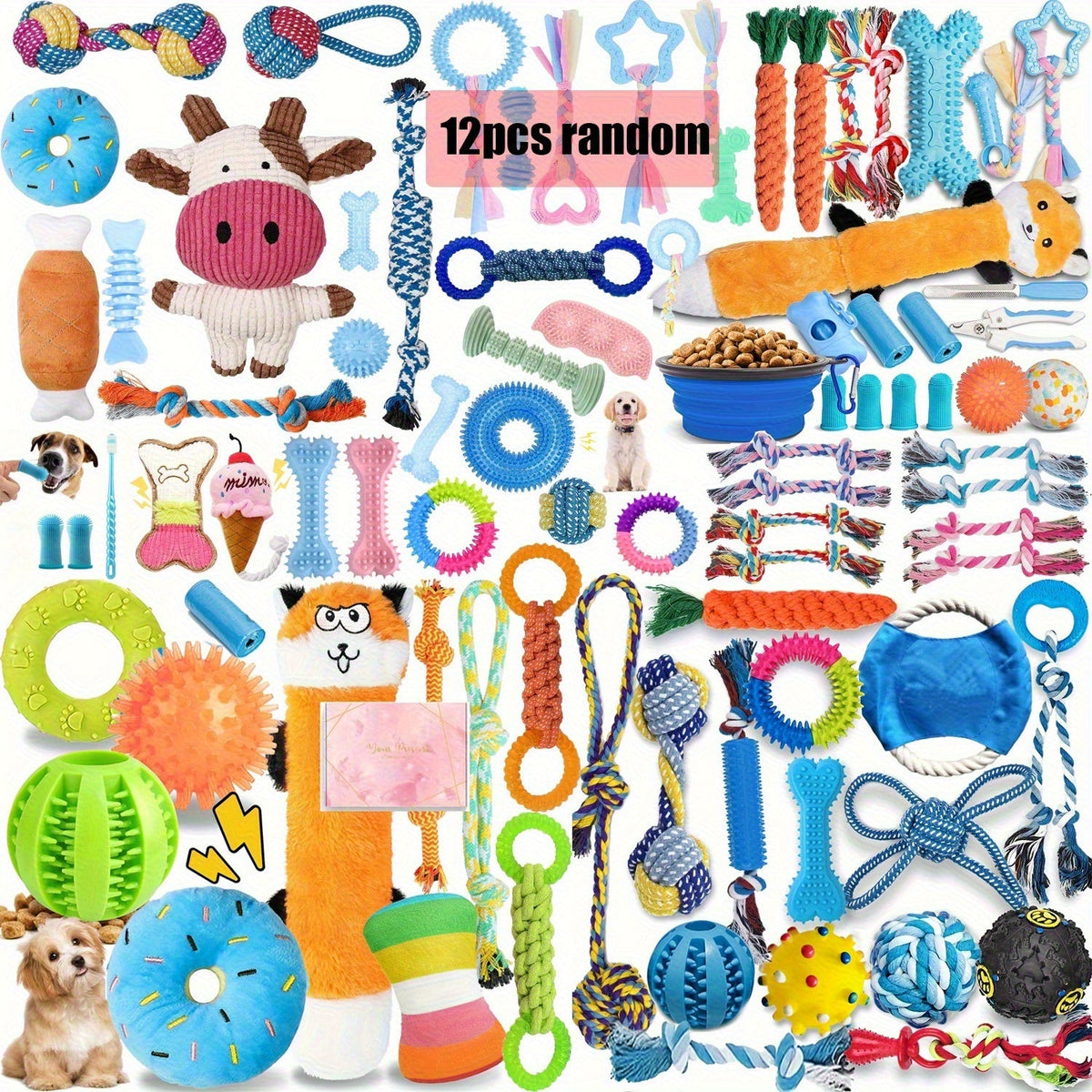 Puppy Toy Variety Pack for Small Dogs, Random 6, 12 or 19 Piece Assortment with Rope and Squeaky Toy Styles for Supervised Chew, Fetch and Tug Play