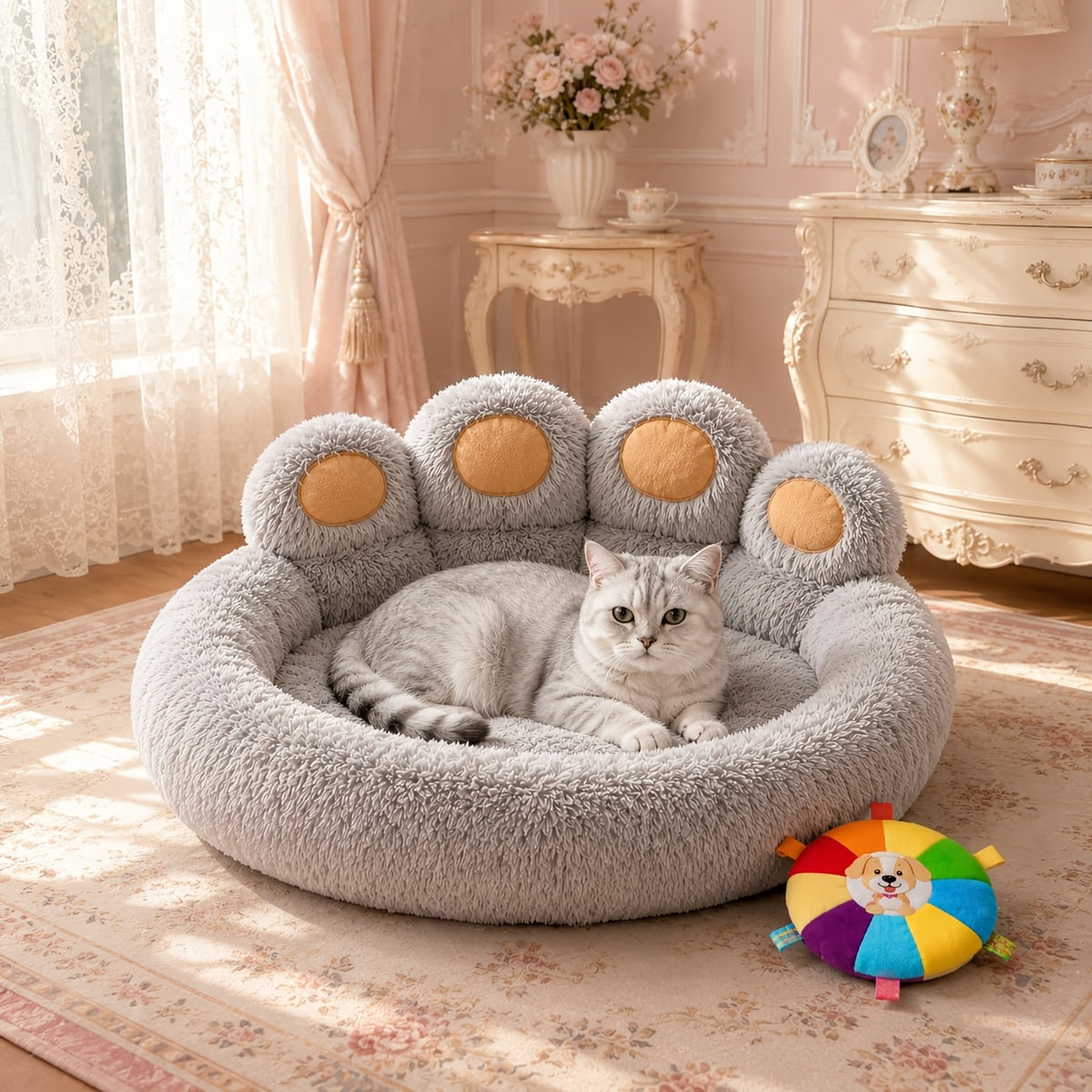 Long Plush Pet Bed with Bear Paw Shape, PP Cotton Filled Dog and Cat Sleeping Cushion with Anti-Slip Bottom, Single Bed and 2PCS Options