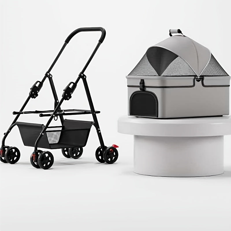 Convertible Pet Stroller with Removable Carrier, Foldable Dog and Cat Pushchair with Mesh Canopy, Storage Basket and Cup Holder in Four Colors