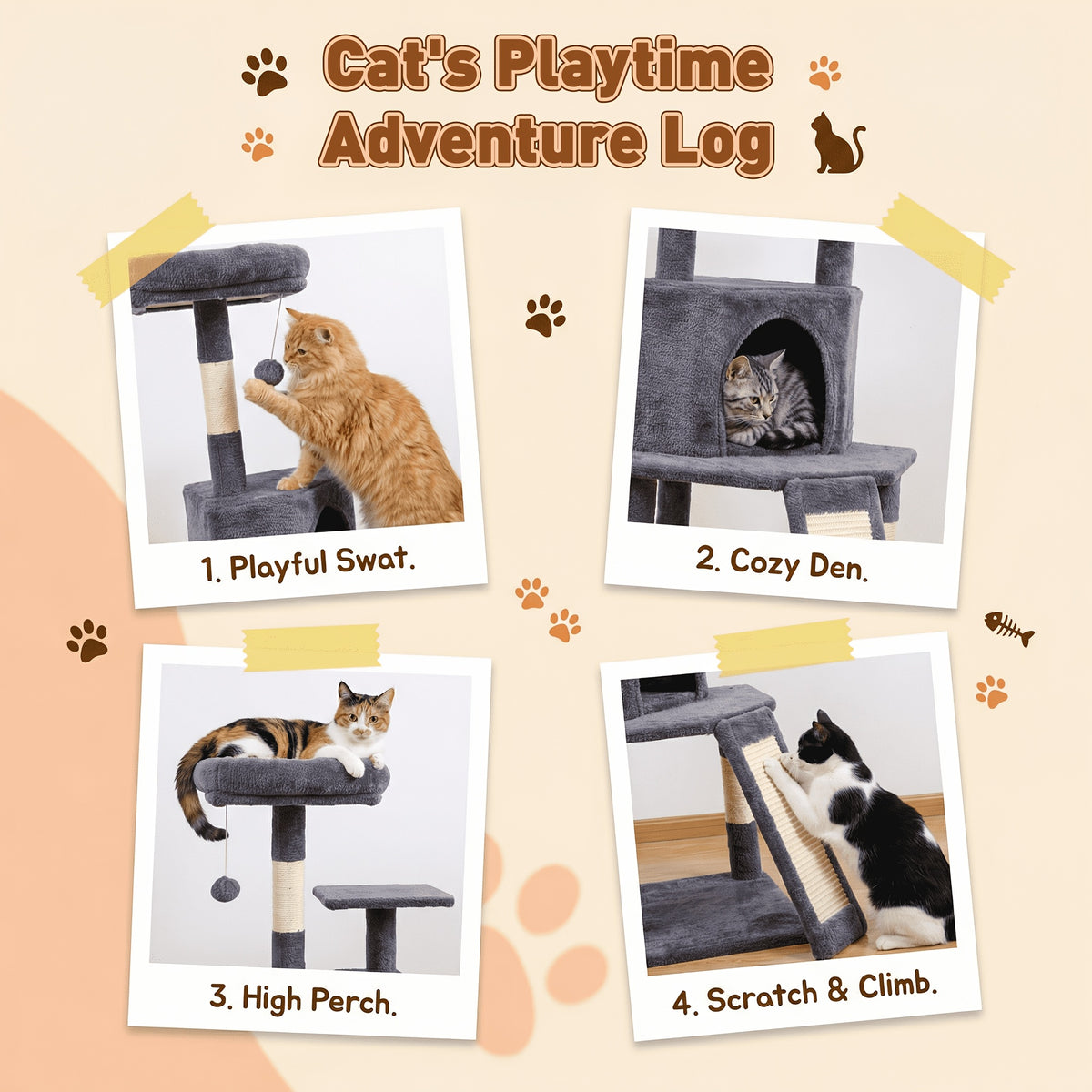 Multi-Level Cat Tree with Plush Resting Areas and Scratching Posts, Indoor Cat Tower in Three Colors with Separate Replacement Column Options
