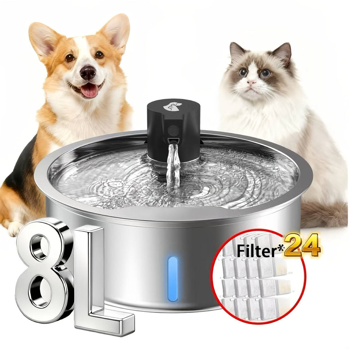 8L Stainless Steel Pet Water Fountain for Dogs and Cats, Large 2.11 Gallon Drinking Dispenser with Quiet Pump and Filter Bundle Options