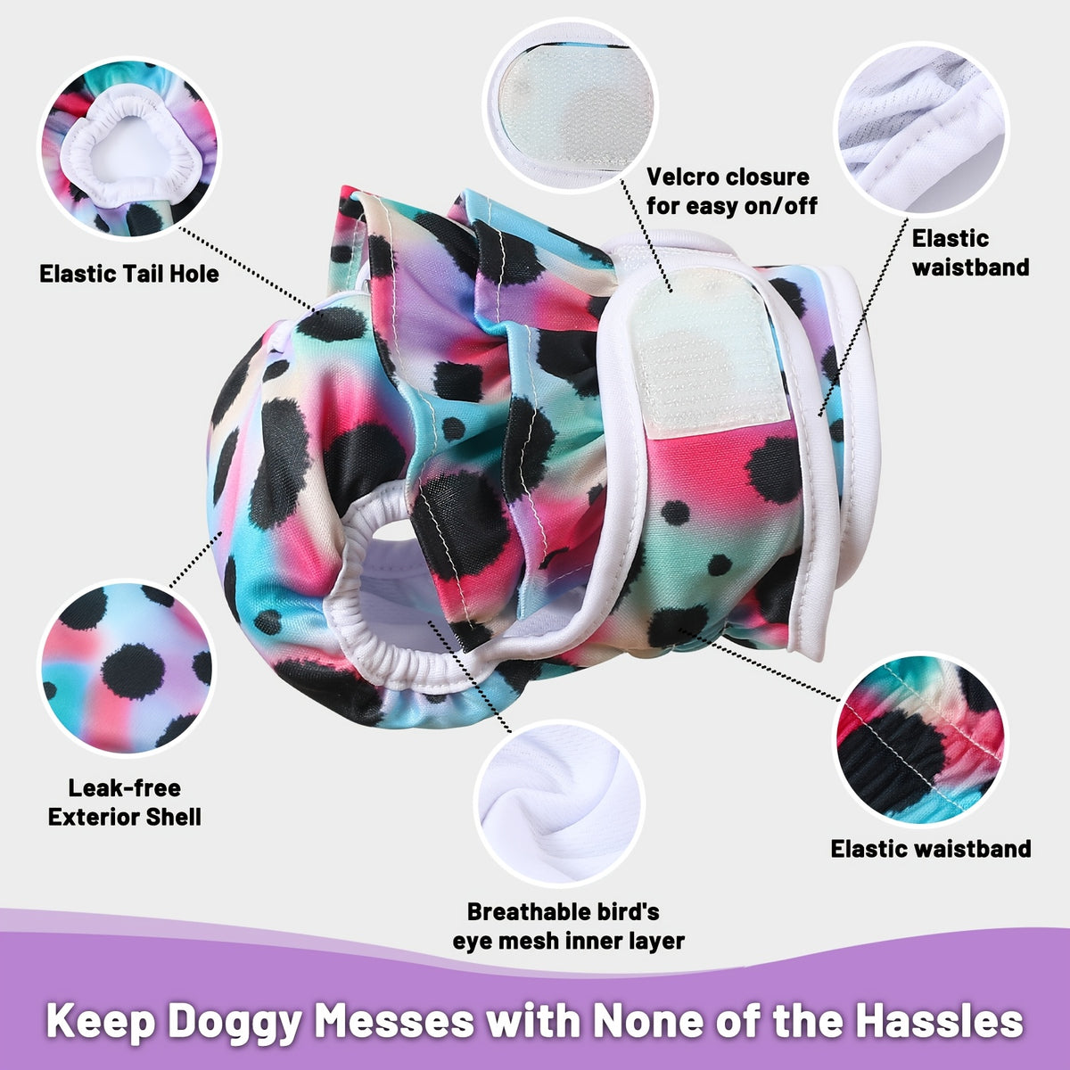 Reusable Female Dog Diapers, 3-Pack Washable Absorbent Heat Cycle Panties in Champagne or Colorful Leopard for X-Small to Large Dogs