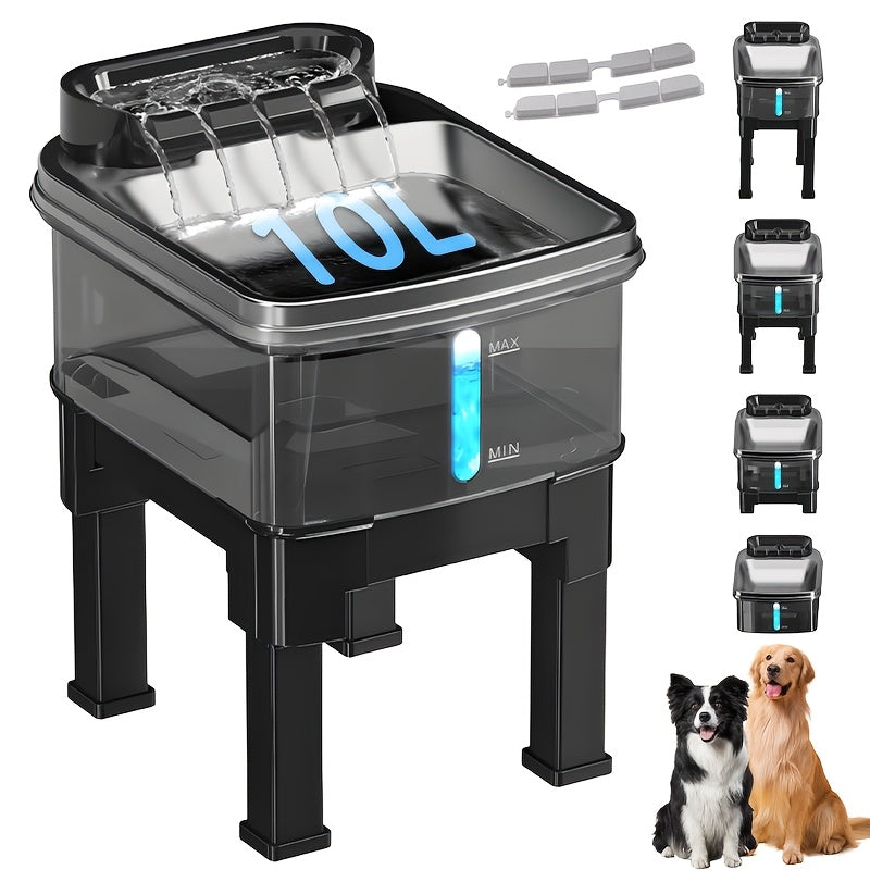 Dog Water Fountain 10L 338oz with Two Filters and Mat, Extra Large Stainless Steel Pet Drinking Dispenser with Quiet Pump for Cats and Dogs, Black