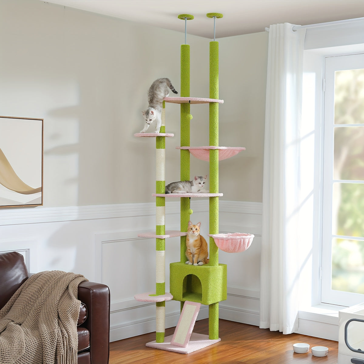 Adjustable Floor to Ceiling Cat Tree 90.5–100.4 Inches, Dual Top Support Indoor Tower with Condo, Hammocks, Climbing Platforms and Scratching Posts