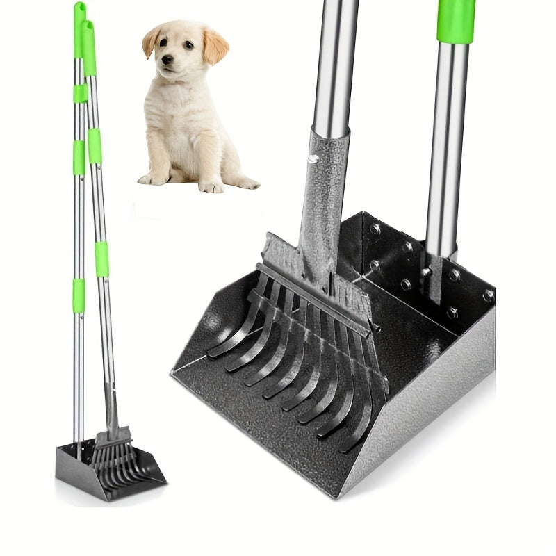 Dog Pooper Scooper Tray and Rake Set, Stainless Steel Pet Waste Removal Tools with Adjustable Handles for Everyday Yard Cleanup
