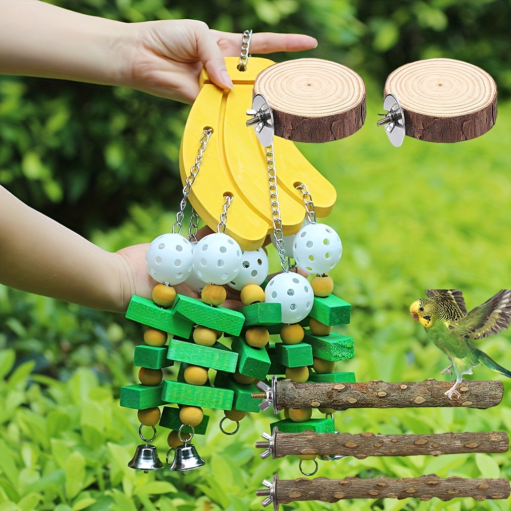 Parrot Toys with Colorful Wood Chew Designs, 12 Selectable Bird Cage Accessory Styles Including Apple, Banana, Coconut and Block Options for Enrichment