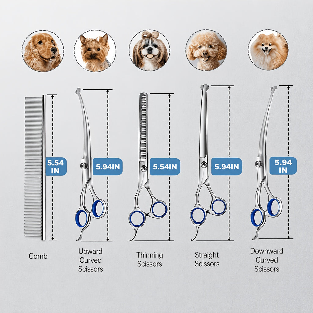 Pet Grooming Shears Kit, 7-Piece Titanium-Plated Stainless Steel Scissors Set with Rounded Tips, Straight, Curved and Thinning Tools for Dogs and Cats