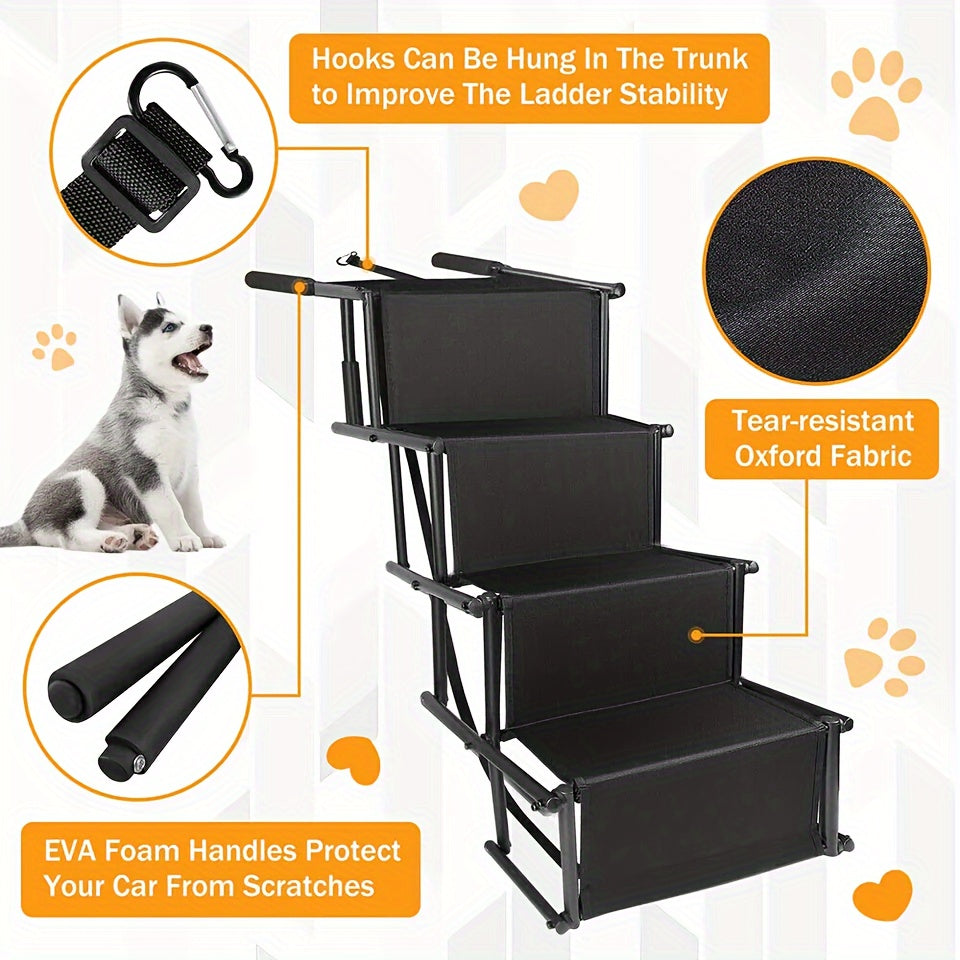 Folding Dog Car Stairs with Non-Slip Steps, Collapsible Pet Access Ladder with Attachment Strap for Cars, SUVs and Trucks, Black Upgrade Model