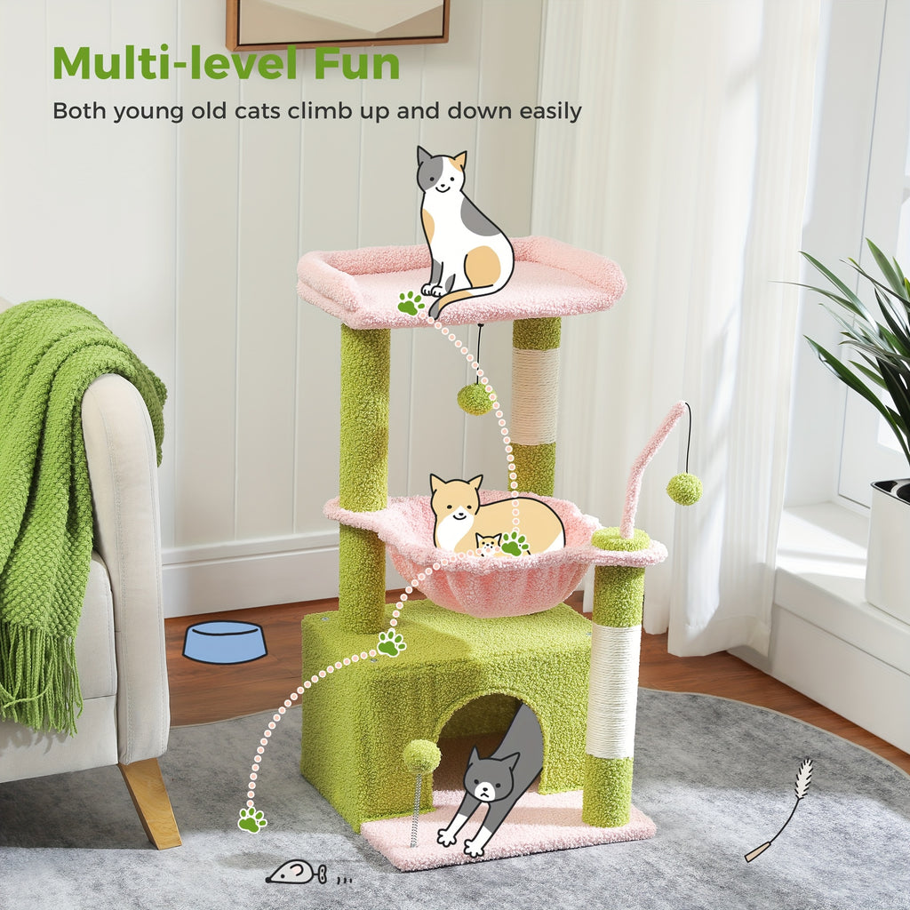 Cat Tower with Deep Hammock and Top Perch, 4-in-1 Indoor Cat Tree Listing with Condo and Scratching Post, Color and Size-Labeled Model Options