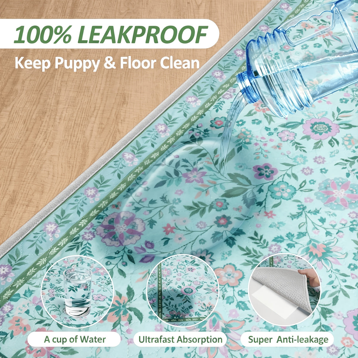 Washable Dog Pee Pads with Floral Print, 2 Pack Reusable Non-Slip Leakproof Puppy Potty Training Mats for Crates and Floors in Three Sizes