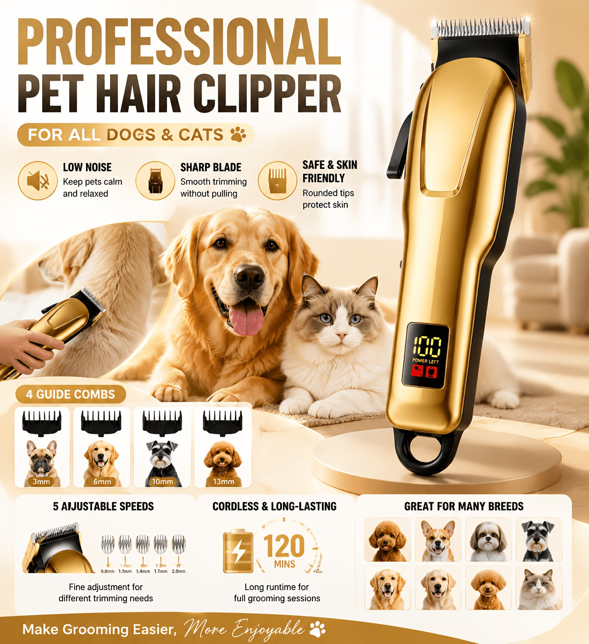 Cordless Pet Hair Clippers with 4 Guide Combs, Rechargeable Low-Noise Dog and Cat Grooming Trimmer with Ergonomic Grip in Golden or Pink