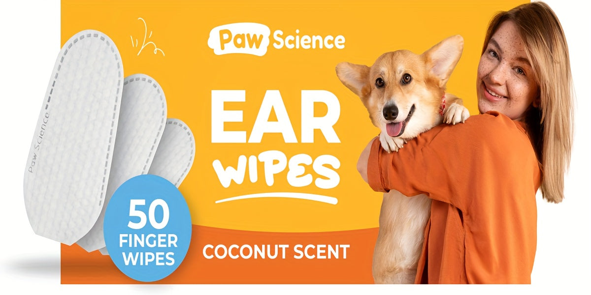 Dog Ear Cleaner Wipes with Coconut Scent, Finger Wipes for Routine Ear Grooming, with Separate Dental Wipes, Teeth Cleaning Kit and Eye Wipe Options