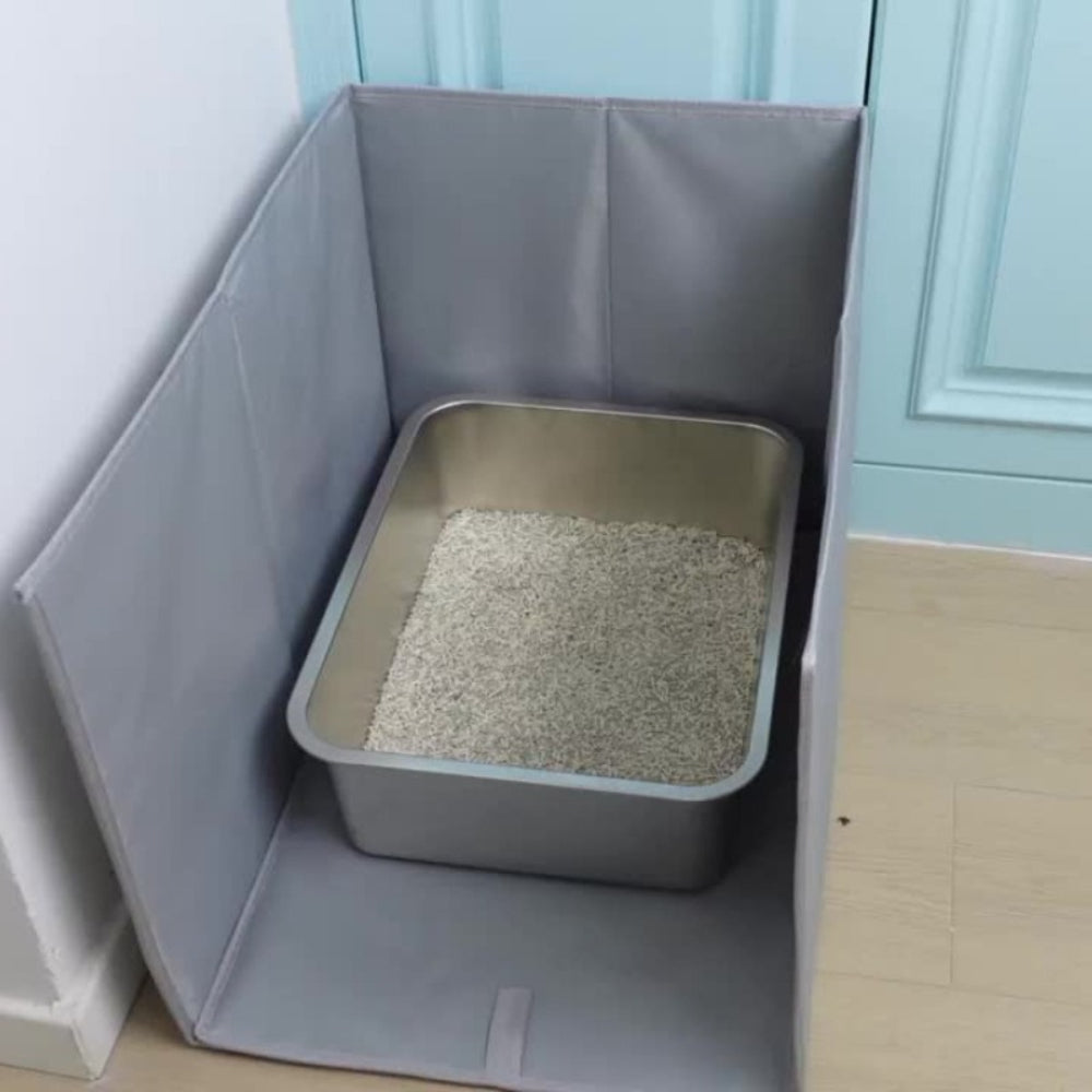 Cat Litter Box Fence in Gray, Large Foldable Splash Guard Barrier for Open Litter Trays, Easy-to-Store Accessory for Indoor Cat Cleanup Routines