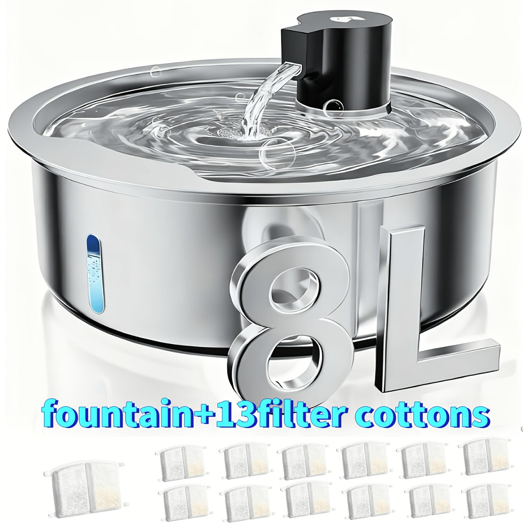 8L Stainless Steel Pet Water Fountain for Dogs and Cats, Large 2.11 Gallon Drinking Dispenser with Quiet Pump and Filter Bundle Options