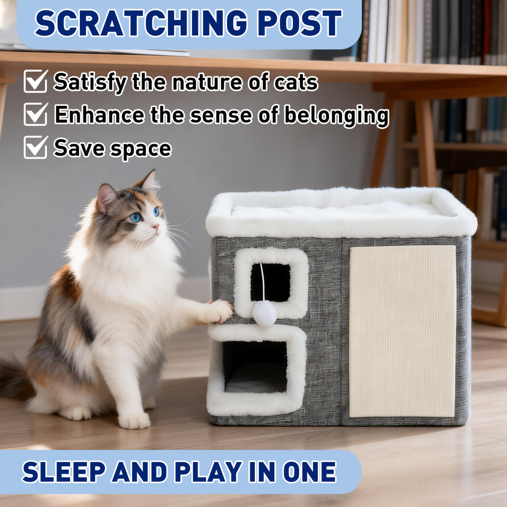 Cat House with Scratching Box, Large Light Gray 3-in-1 Indoor Cat Condo Cube with Wooden Structure and Ottoman-Style Hideaway for Sleep and Play