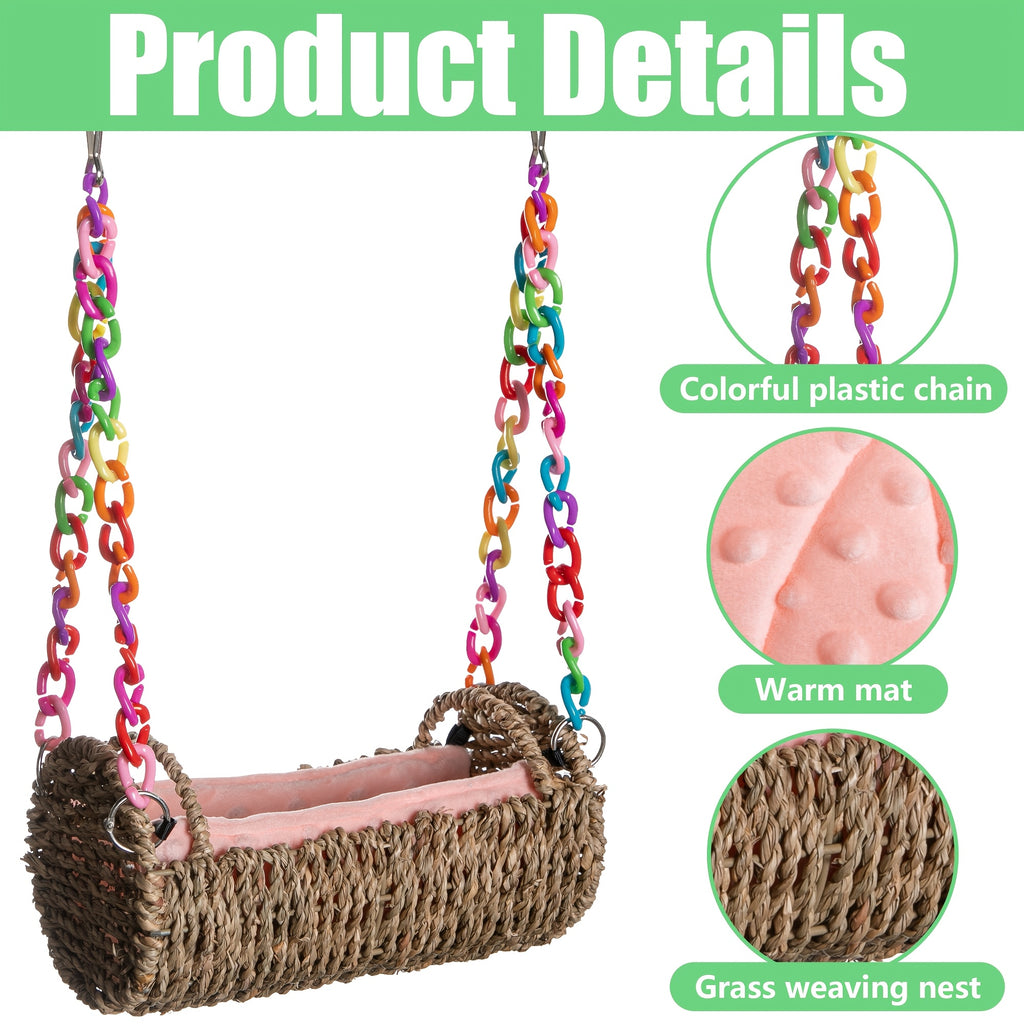 Parrot Nest Swing with Mat, Rattan Hanging Bird Toy with Colorful Random-Color Chain for Cage Enrichment and Supervised Pet Bird Play