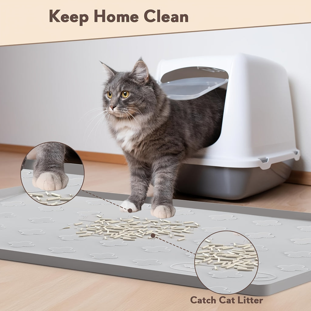 Silicone Cat Litter and Feeding Mat 34 x 22 Inches, 3-in-1 Washable Non-Slip Floor Protector with Raised Edges in Light Grey or Dark Gray