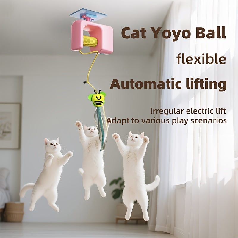 Automatic Hanging Cat Toy with Touch-Activated Retractable Tail, Blue Door or Wall Play Toy with Two Replacement Tails for Supervised Indoor Fun