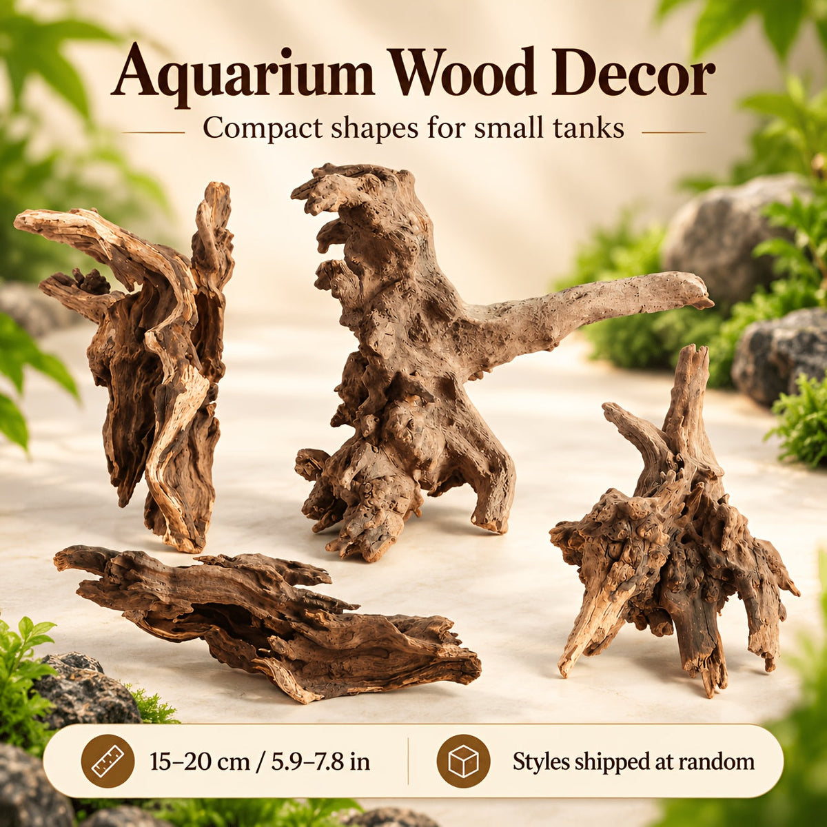 Aquarium Driftwood Single Piece, 5.9-7.87 Inch Random-Style Decorative Wood for Small Fish Tank Aquascaping and Nature-Inspired Underwater Layouts