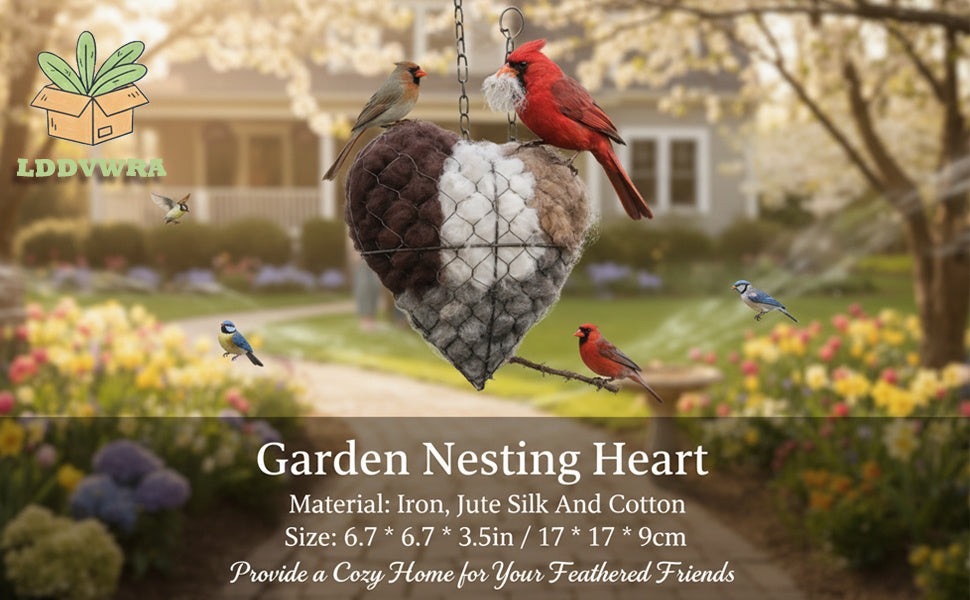 Heart-Shaped Hummingbird Nest, Handmade Fiber Bird Nest with 2 Bags of Nesting Materials, Finished Heart Garden Accent and Bird Lover Gift