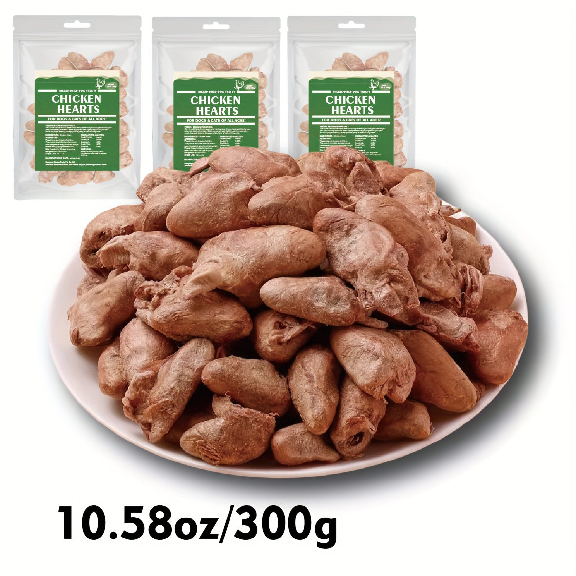 Freeze-Dried Chicken Hearts 300g for Cats and Dogs, Single-Ingredient Grain-Free Meat Treats for Training Rewards, Food Toppers and Snack Time