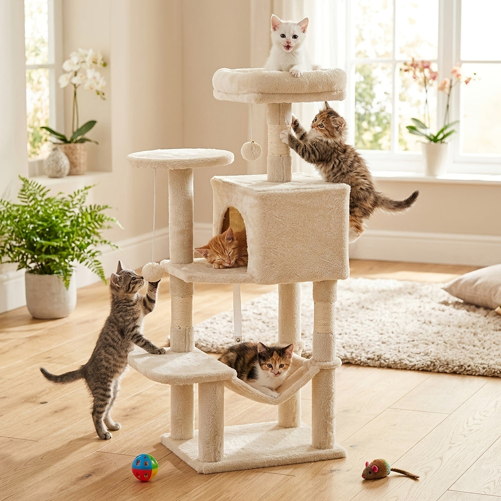 Cat Tree with Seven Color Choices, 44 Inch Indoor Cat Tower with Hammock, Condo Hideaway, Elevated Perches and Sisal Scratching Posts