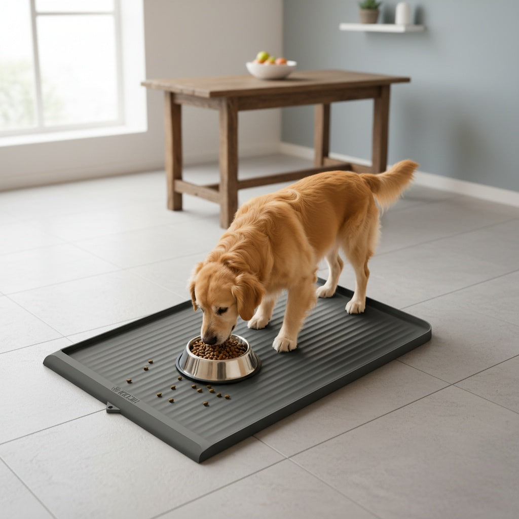 Large Dog Feeding Mat 36 x 24 Inches, Grey Waterproof Pet Bowl Placemat with Raised Edges, Grooved Surface and Roll-Up Design for Food and Water