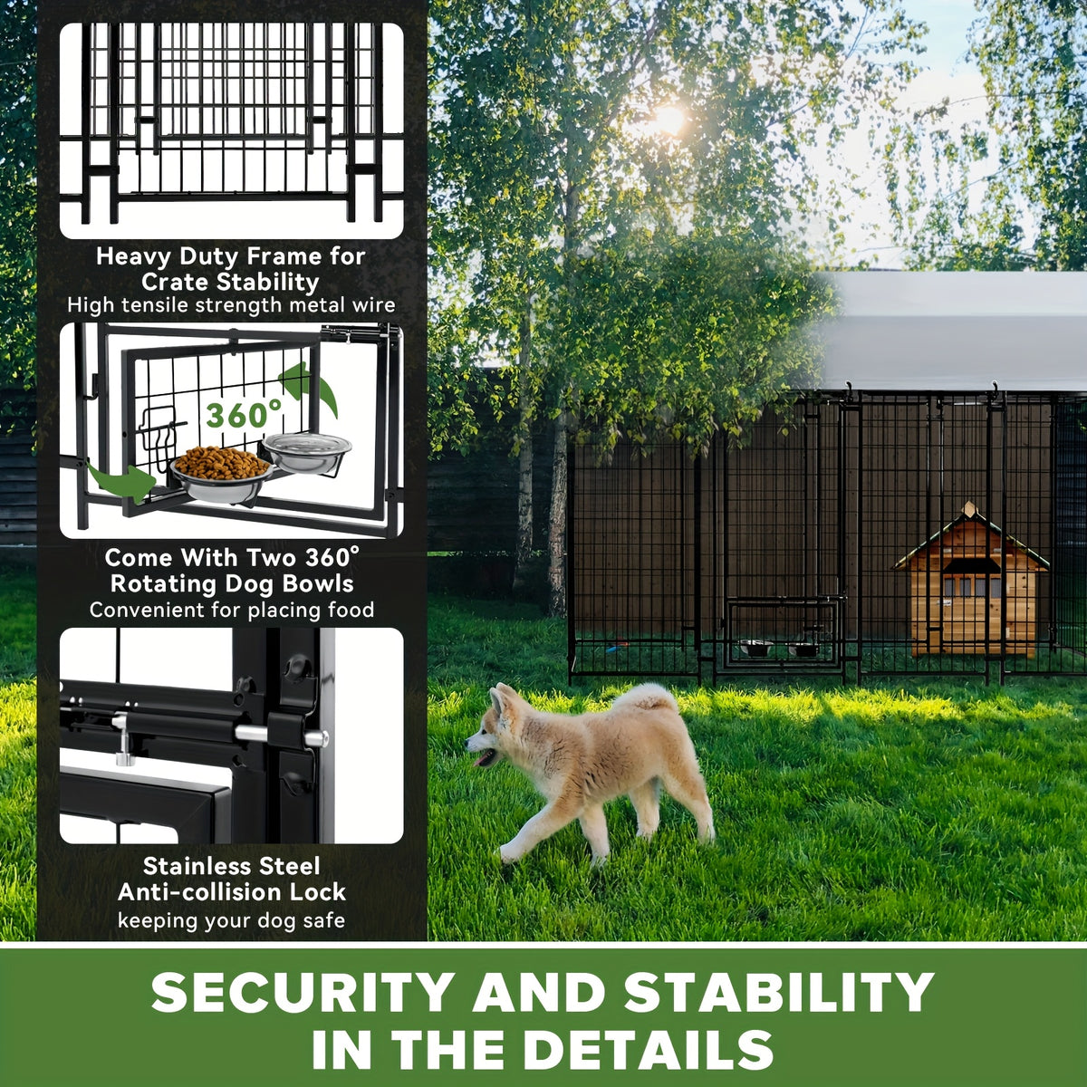 Outdoor Dog Enclosure with Welded Wire Panels, Locking Door and UV-Resistant Roof Cover, Three Size Options for Supervised Backyard Use