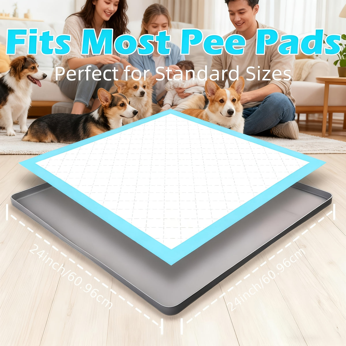 Silicone Puppy Pad Holder for 24 x 24 Inch Training Mats, Portable Grey Square Dog Potty Tray with Leak-Proof Design for Indoor Floor Protection