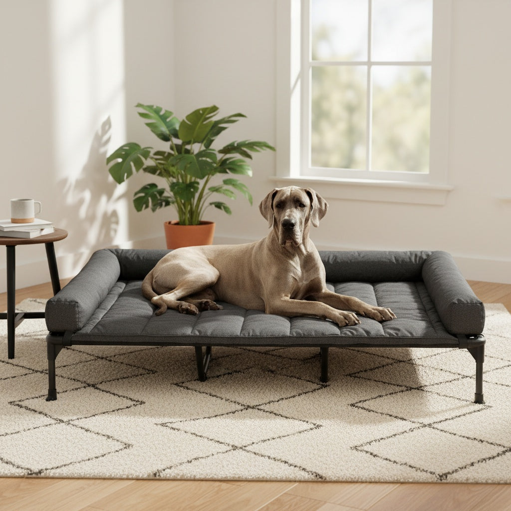Elevated Dog Bed with Removable Pillow-Top Mat, Three-Sided Bolster Pet Cot with Breathable Teslin Mesh, Steel Frame and Non-Slip Feet in Four Sizes