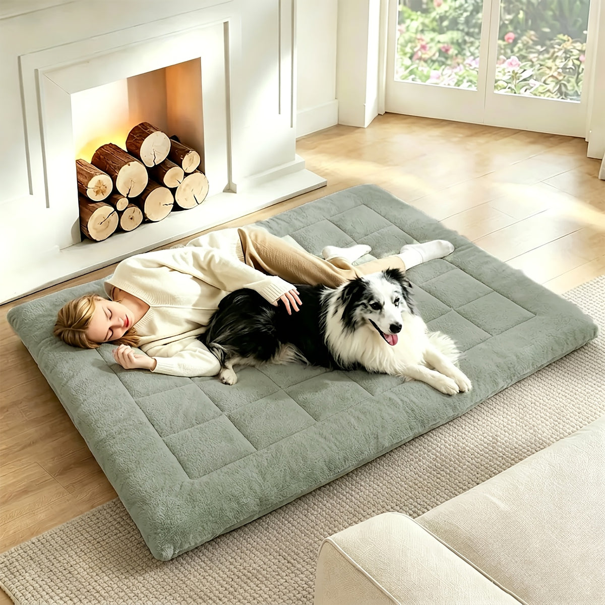 Dog Bed Mat Topper with Four Corner Straps, Rectangular Roll-Up Pet Mattress Pad for Large Dogs and Multi-Pet Homes, L to XXXL with Plush and Faux Fur Options