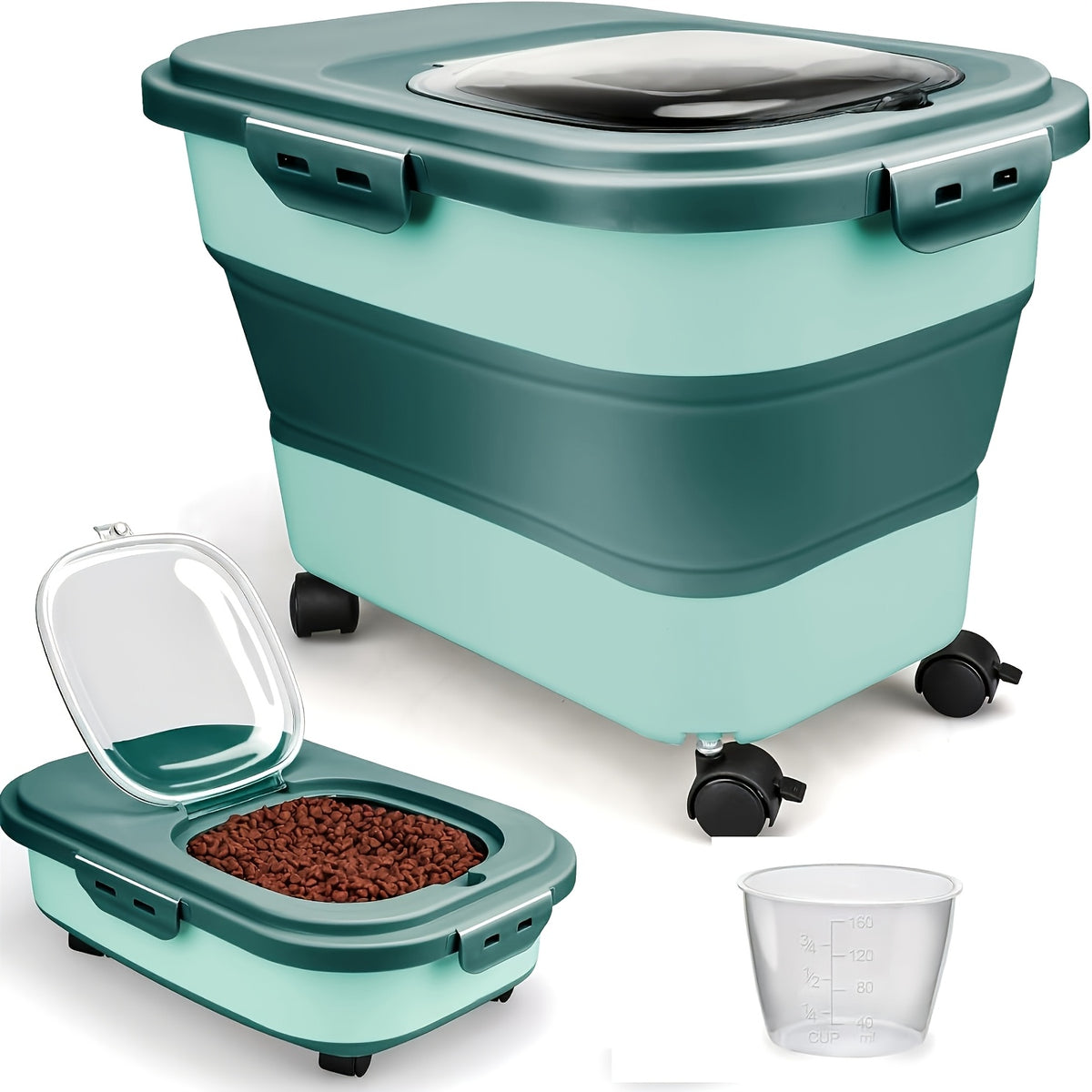 Foldable Dog Food Storage Container with Wheels, Airtight Pet Kibble Bin with Measuring Cup and Scoop, 5-30 lb Capacity for Dogs and Cats