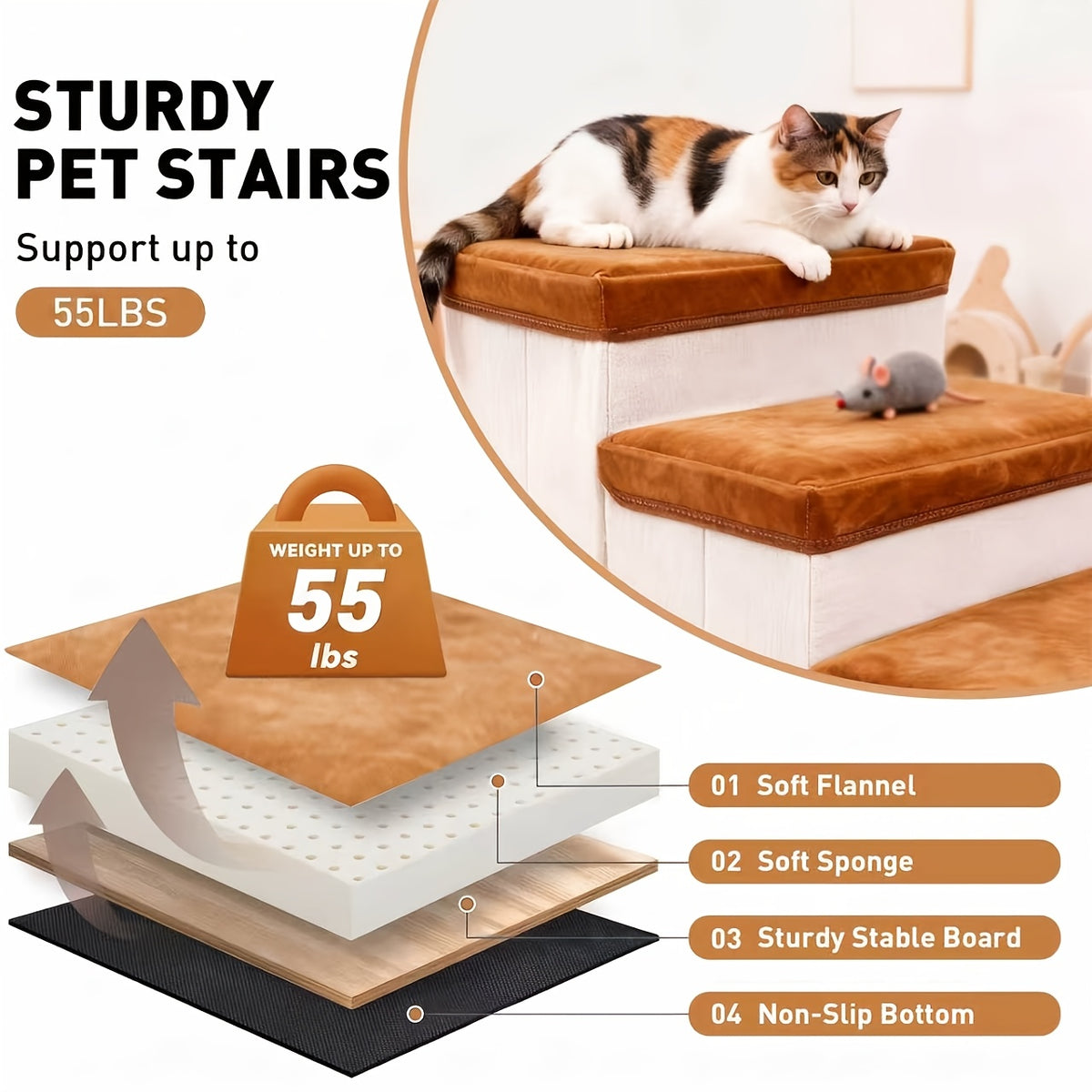 Foldable Dog Stairs with Storage Ottoman Design, Soft Cushioned Non-Slip Pet Steps for Bed and Couch, 3/4-Step Styles with Chicken Leg Plush Toy