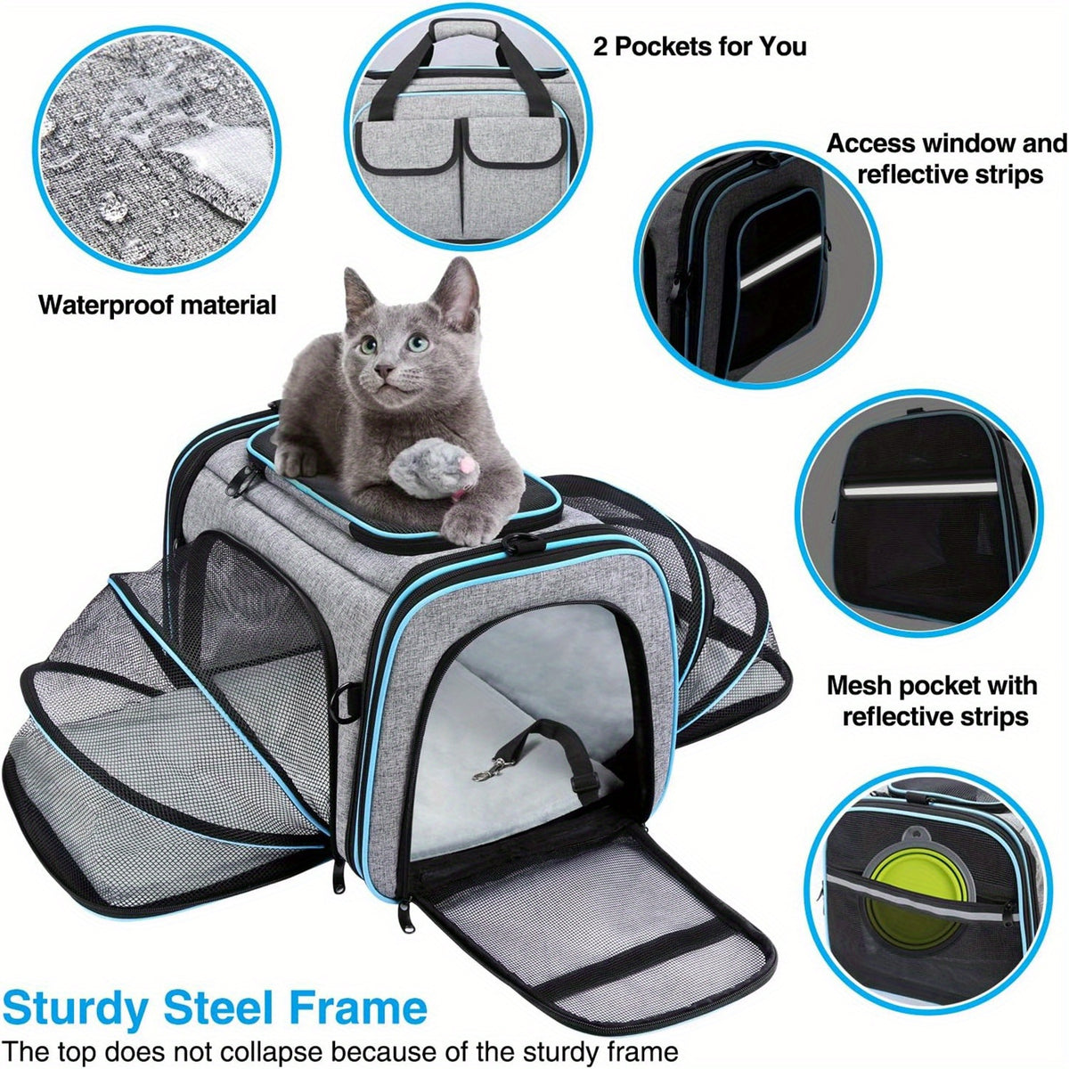 Expandable Pet Carrier Bag with Two Mesh Windows, Soft-Sided Travel Tote with Removable Washable Pad, Shoulder Strap and Top Entry for Small Dogs and Cats
