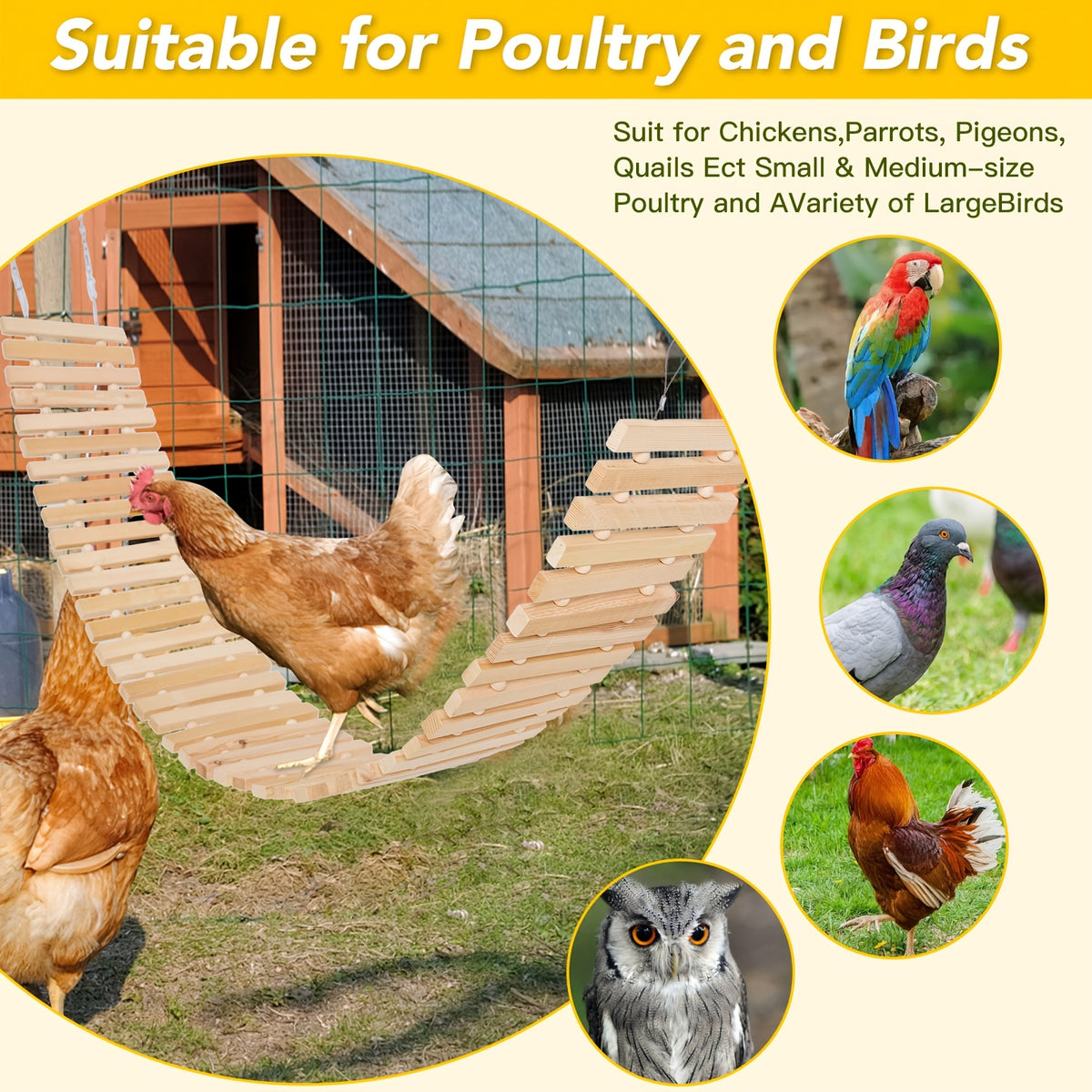 Chicken Ladder Swing and Perch Toy, Natural Wooden Coop Accessory for Hens, Roosters and Chicks, Backyard Poultry Climbing and Perching