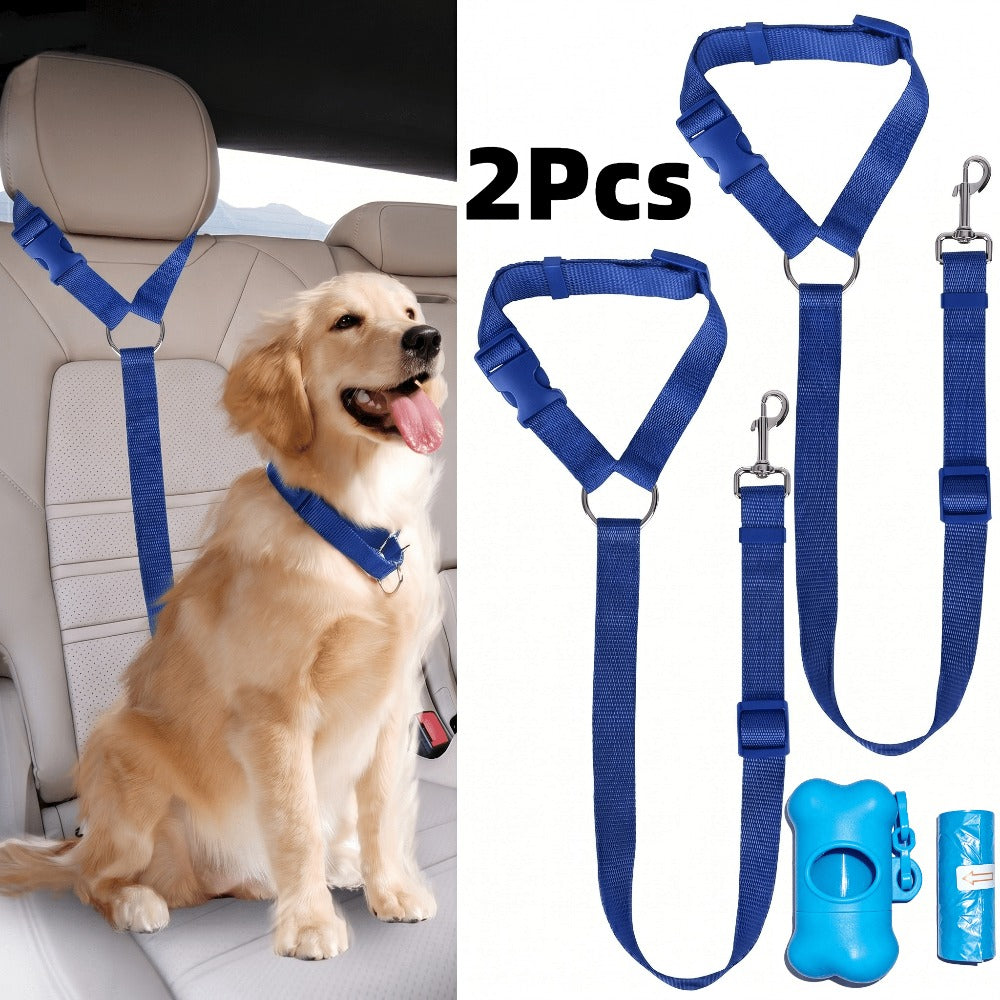 Dog Car Seat Belts 2 Pack with 15 Waste Bags and Storage Box, Adjustable Nylon Bungee Pet Travel Tethers for Small and Medium Dogs and Cats