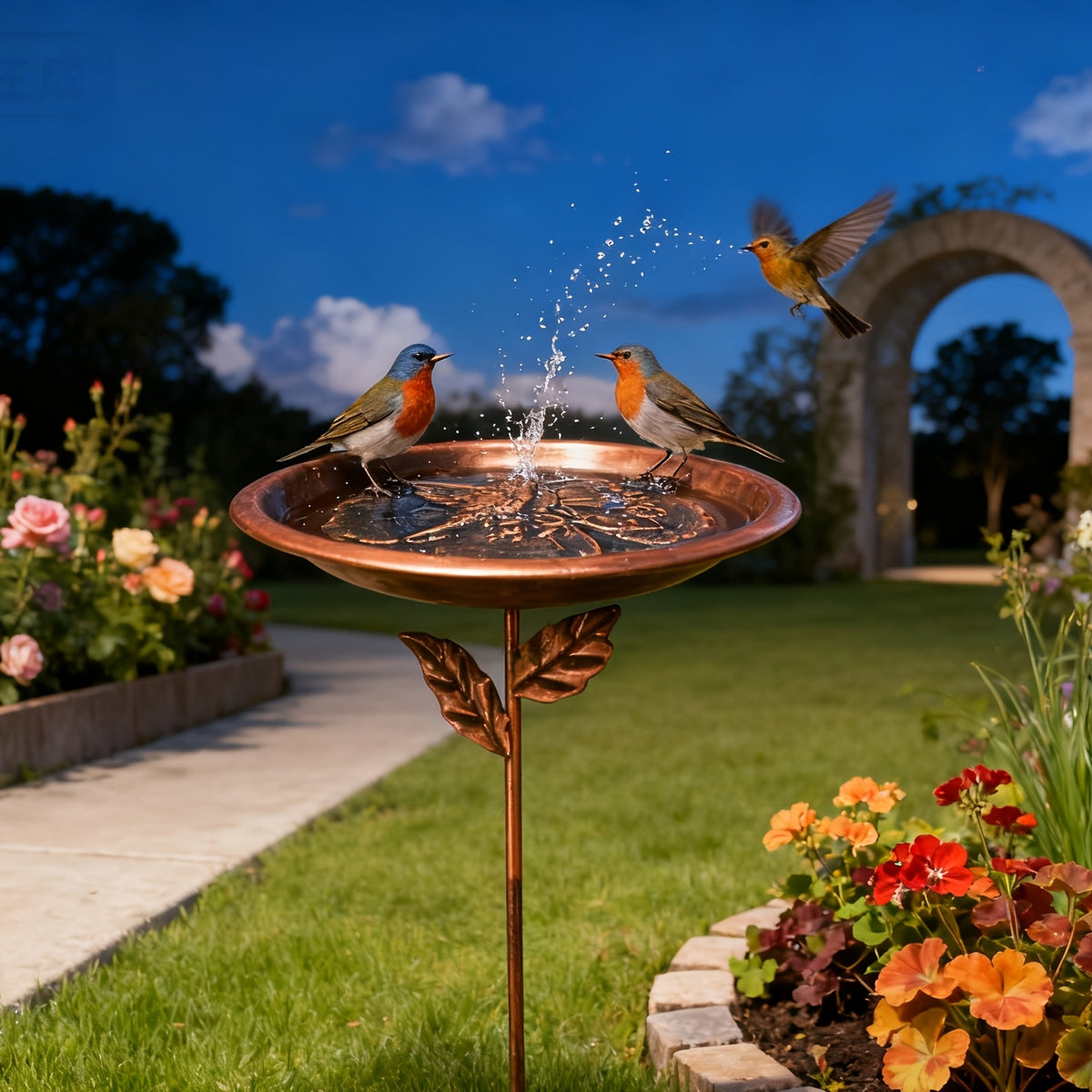 Decorative Bird Bath with Dragonfly or Butterfly Basin, Bronze-Tone Metal Garden Water Dish with Ground Stake for Outdoor Yard and Flower Bed Decor